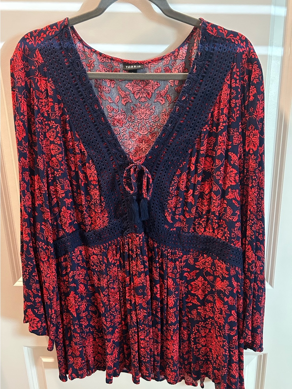 torrid Navy and Red Floral Crochet-Trim Peasant Tunic